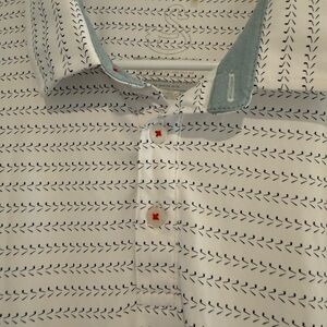 Men's White Polo with Navy Arrow Print and Light Blue Trim